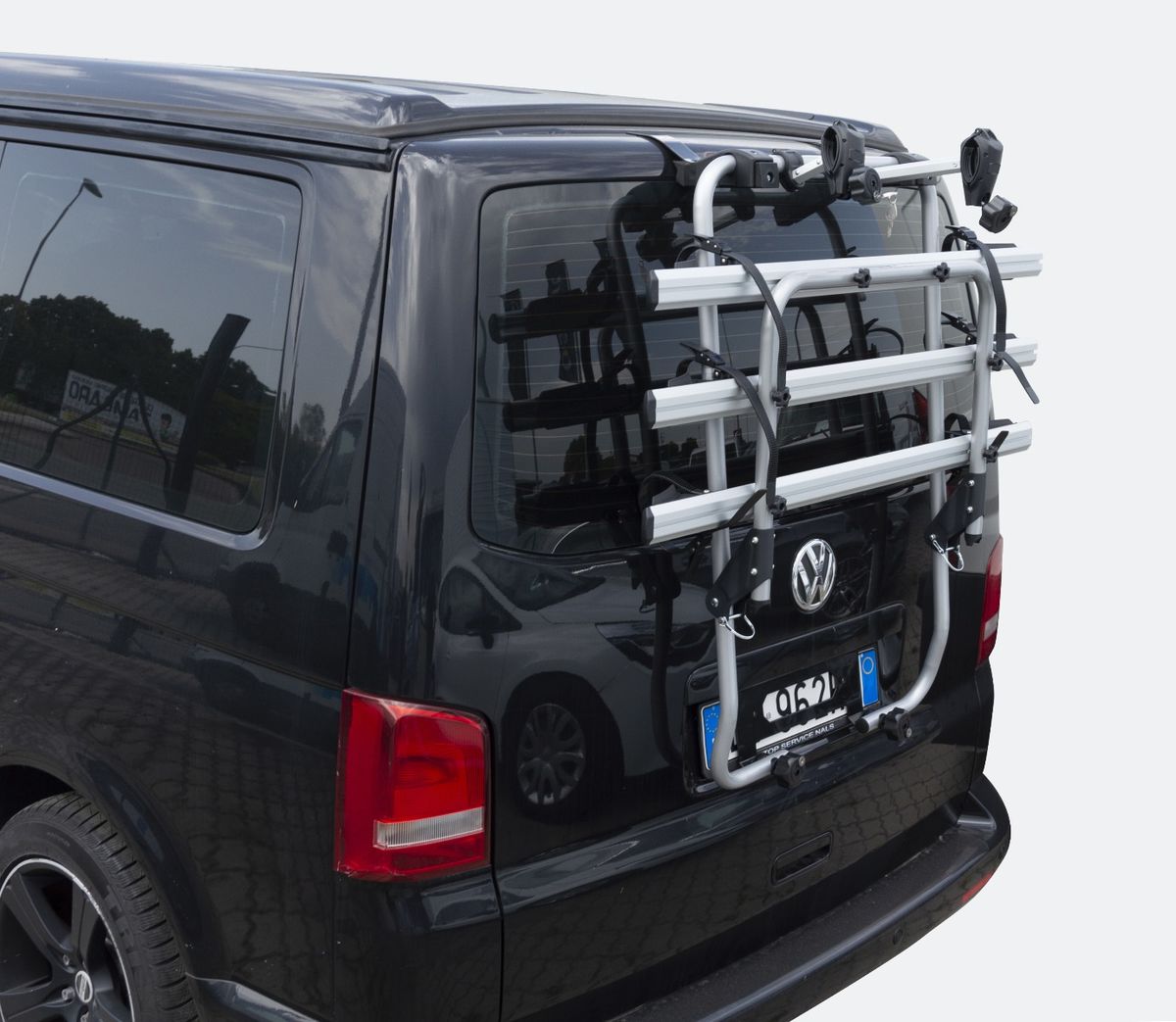Porte-bagages arrière modulaire adapté au hayon du VW T5, pour vélos,  roues de secours, jerrycans, etc.