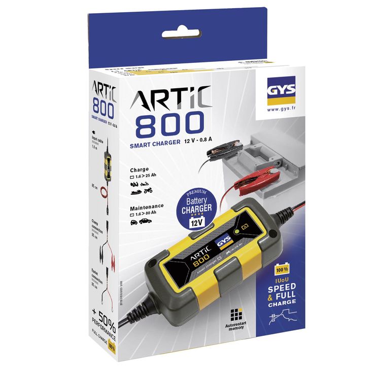 Chargeur de batterie GYS ARTIC 800 pour batterie de 1.6 À 25Ah - Moto - Tondeuse - Jet-ski - Karting